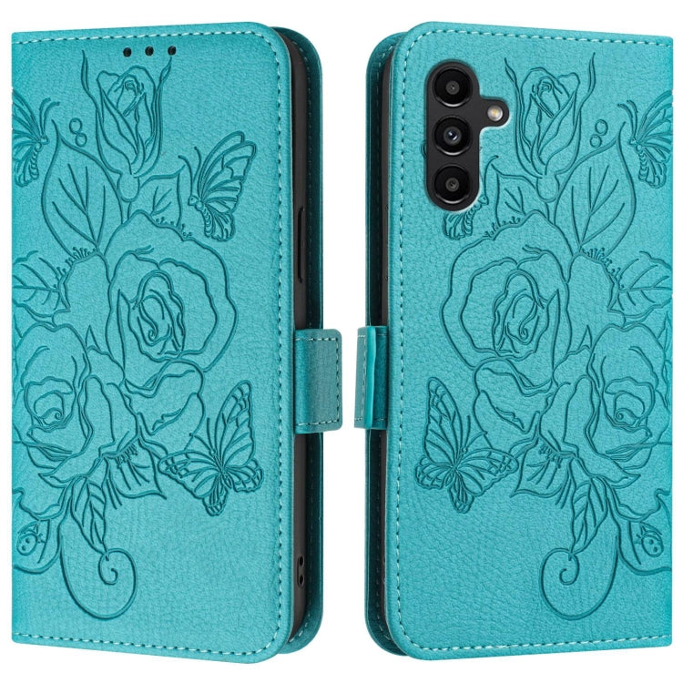 For Samsung Galaxy A04s / A04 4G / M13 5G Embossed Rose RFID Anti-theft Leather Phone Case