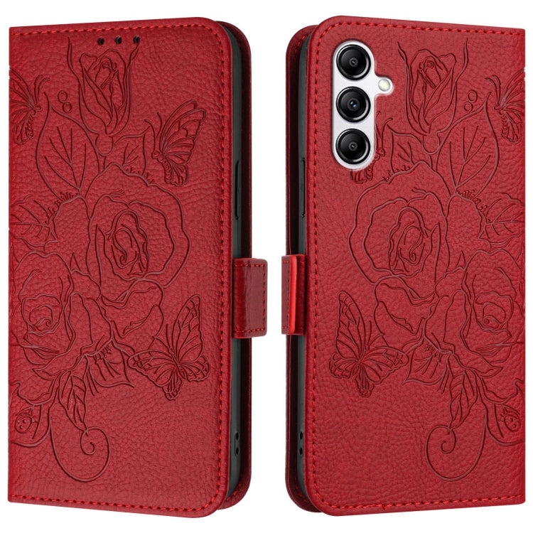 For Samsung Galaxy A14 5G / 4G Embossed Rose RFID Anti-theft Leather Phone Case