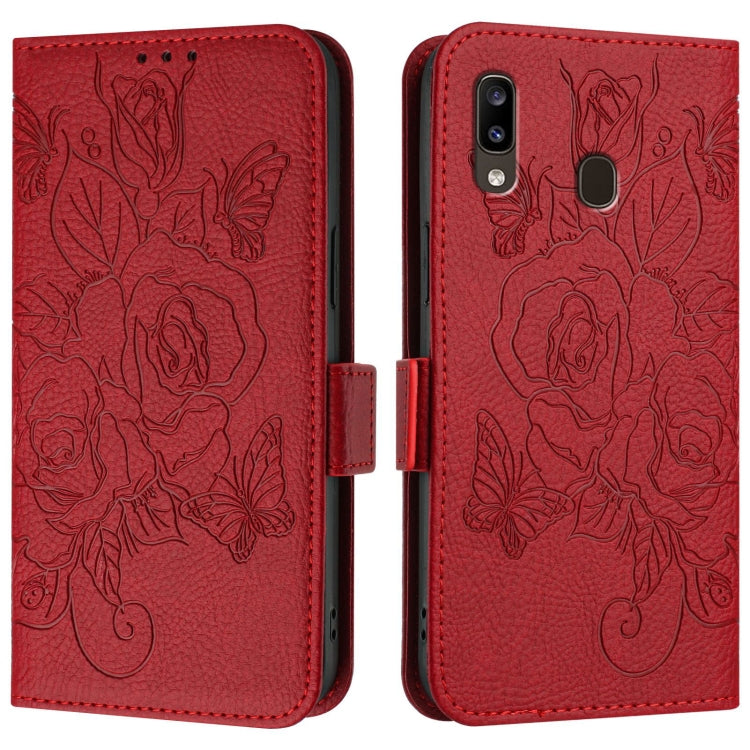 For Samsung Galaxy A20 / A30 / M10s Embossed Rose RFID Anti-theft Leather Phone Case