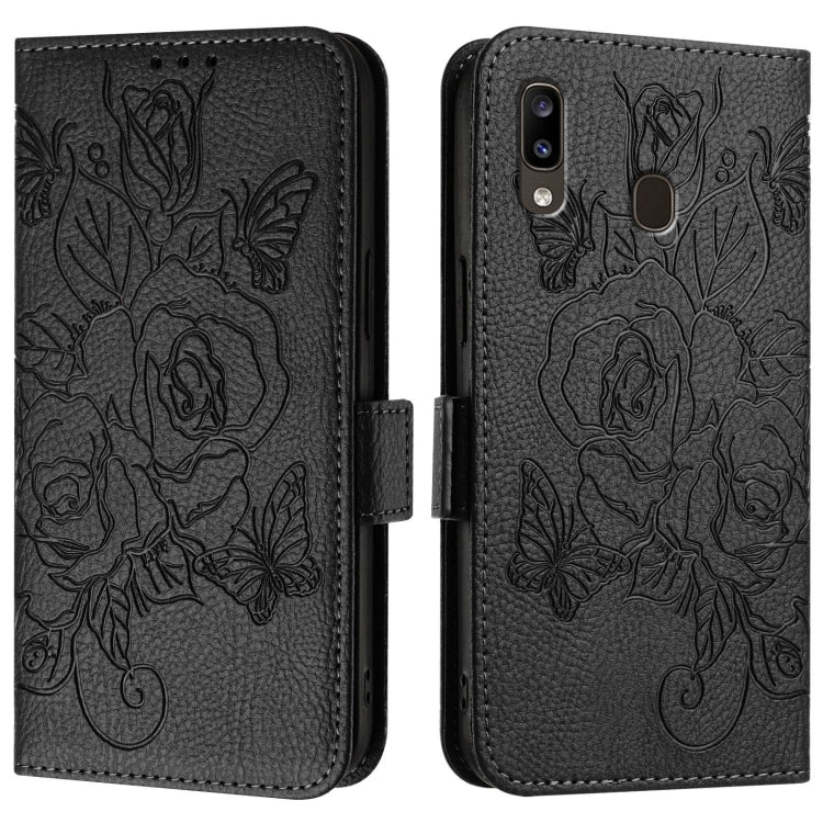 For Samsung Galaxy A20 / A30 / M10s Embossed Rose RFID Anti-theft Leather Phone Case
