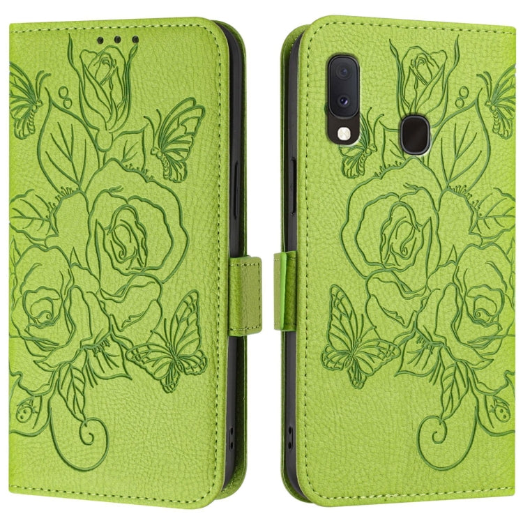 For Samsung Galaxy A20e / A10e Embossed Rose RFID Anti-theft Leather Phone Case