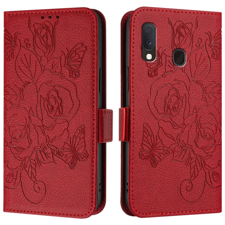 For Samsung Galaxy A20e / A10e Embossed Rose RFID Anti-theft Leather Phone Case