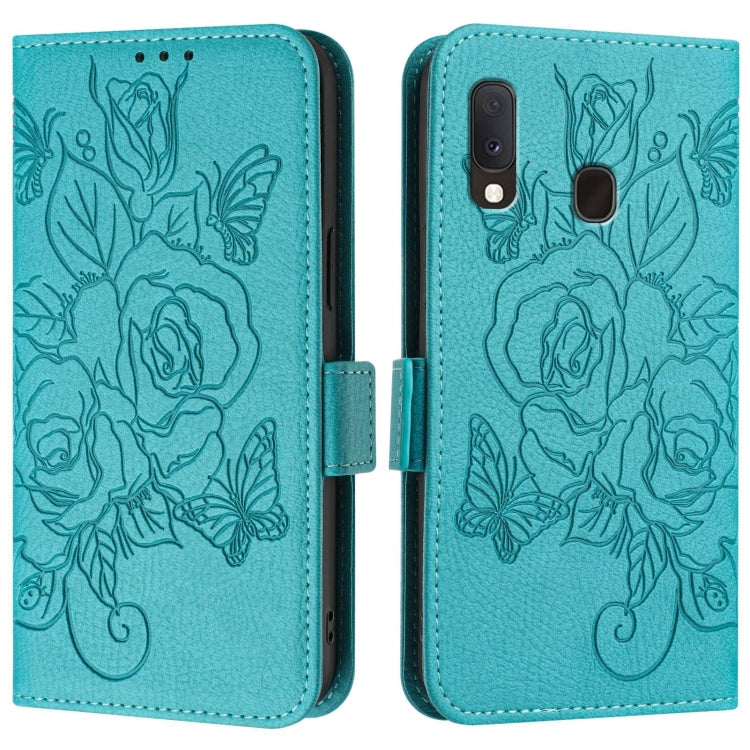 For Samsung Galaxy A20e / A10e Embossed Rose RFID Anti-theft Leather Phone Case