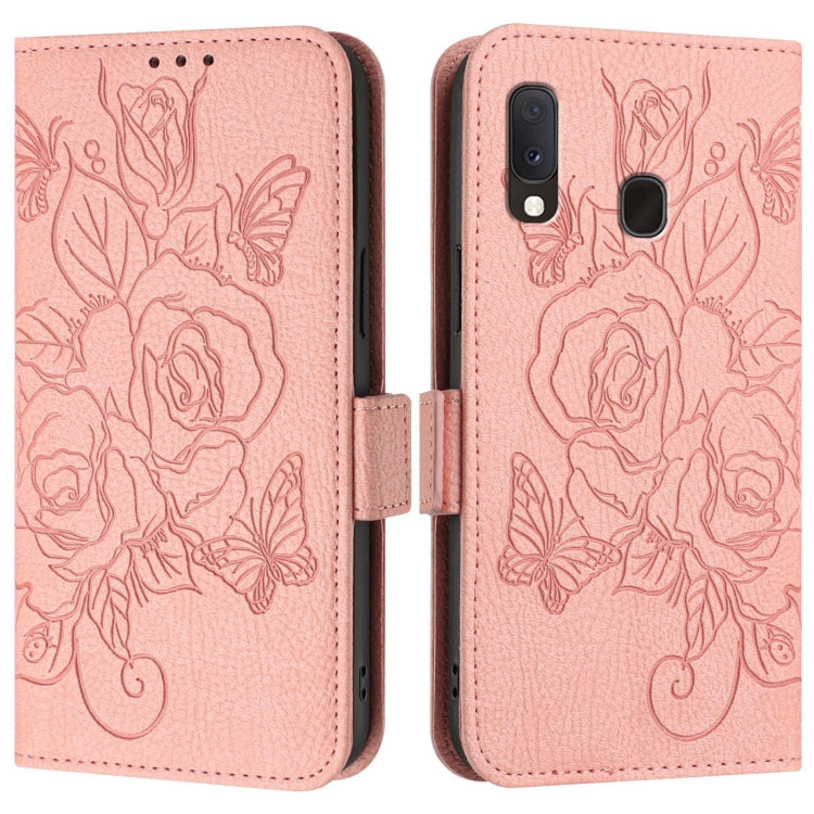 For Samsung Galaxy A20e / A10e Embossed Rose RFID Anti-theft Leather Phone Case