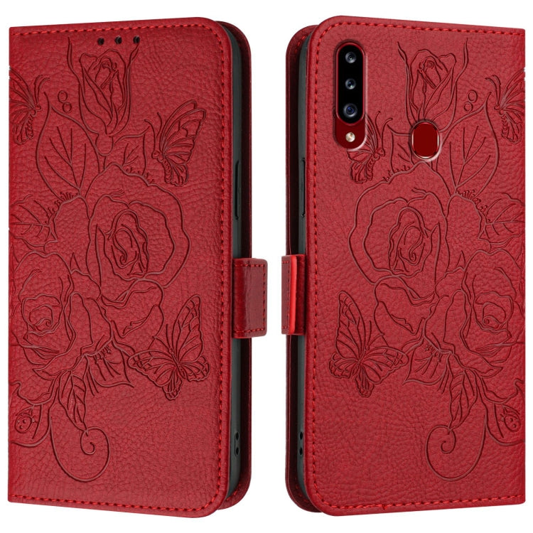 For Samsung Galaxy A20s Embossed Rose RFID Anti-theft Leather Phone Case