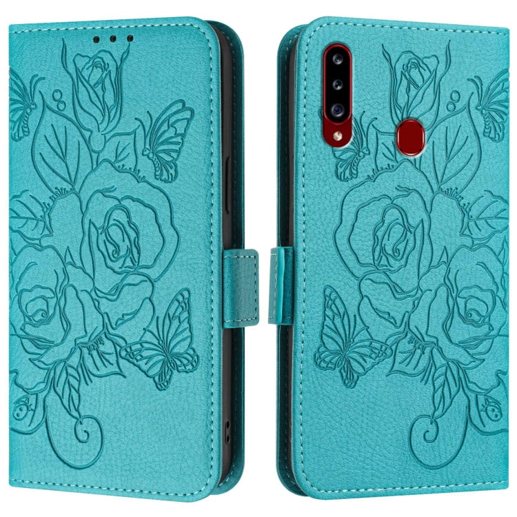For Samsung Galaxy A20s Embossed Rose RFID Anti-theft Leather Phone Case