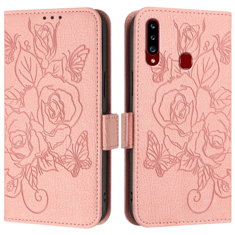 For Samsung Galaxy A20s Embossed Rose RFID Anti-theft Leather Phone Case