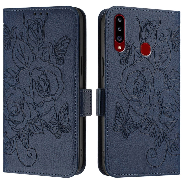 For Samsung Galaxy A20s Embossed Rose RFID Anti-theft Leather Phone Case