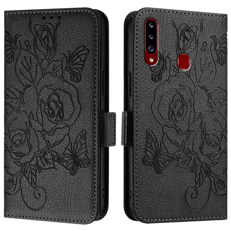 For Samsung Galaxy A20s Embossed Rose RFID Anti-theft Leather Phone Case