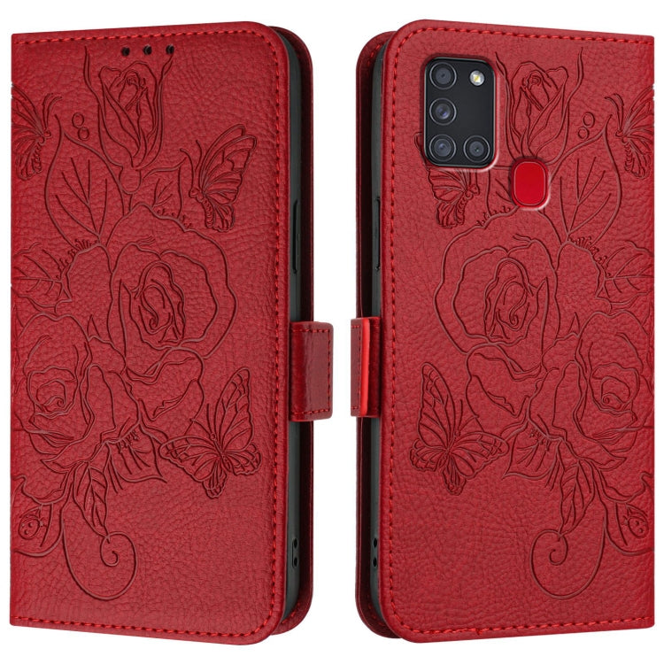 For Samsung Galaxy A21s Embossed Rose RFID Anti-theft Leather Phone Case