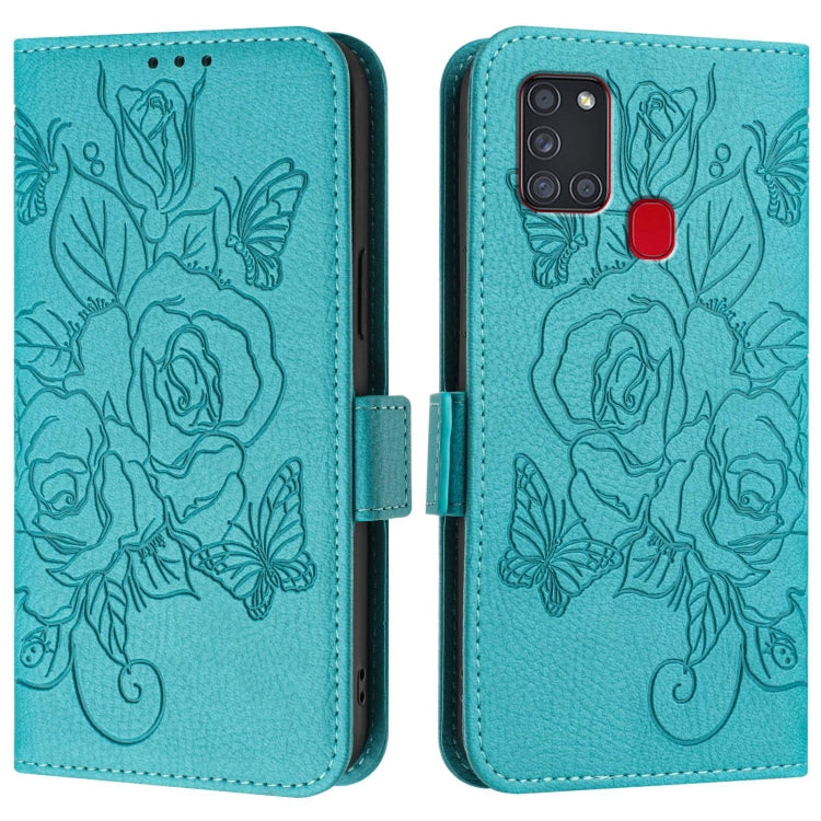 For Samsung Galaxy A21s Embossed Rose RFID Anti-theft Leather Phone Case