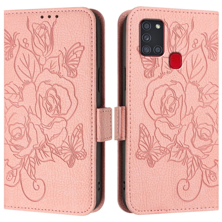 For Samsung Galaxy A21s Embossed Rose RFID Anti-theft Leather Phone Case