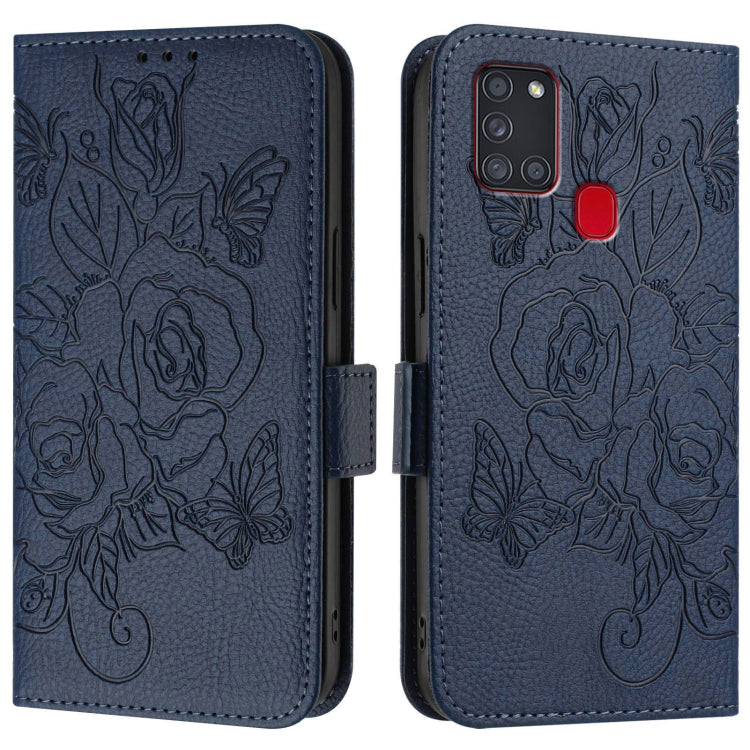 For Samsung Galaxy A21s Embossed Rose RFID Anti-theft Leather Phone Case