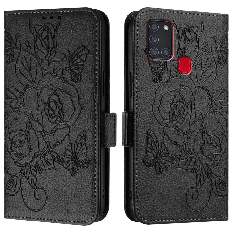 For Samsung Galaxy A21s Embossed Rose RFID Anti-theft Leather Phone Case