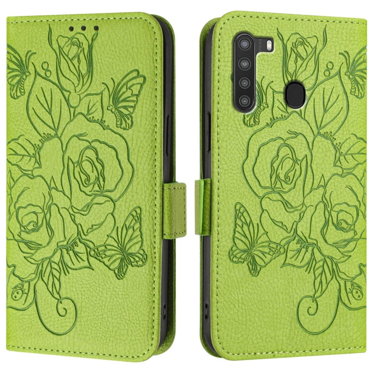 For Samsung Galaxy A21 EU Version Embossed Rose RFID Anti-theft Leather Phone Case