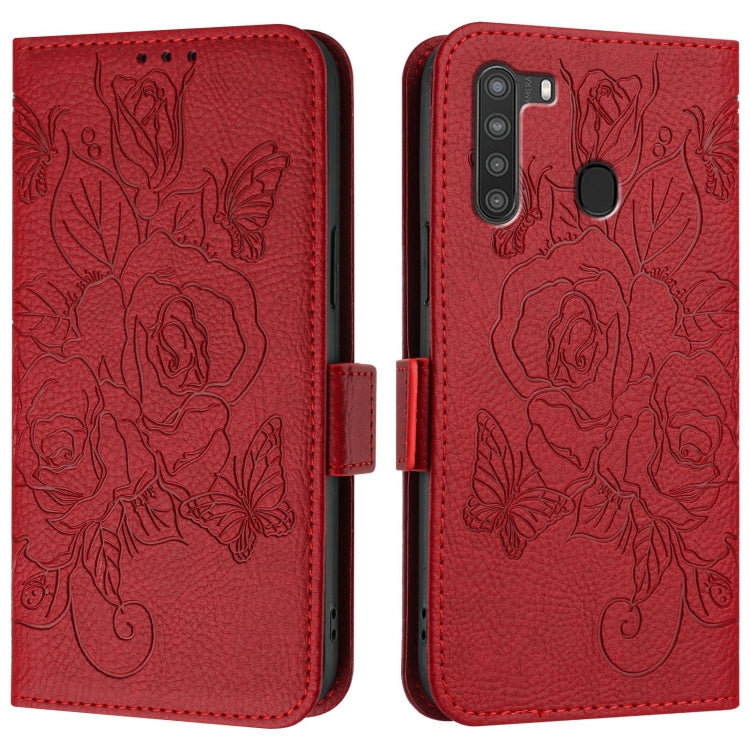 For Samsung Galaxy A21 EU Version Embossed Rose RFID Anti-theft Leather Phone Case