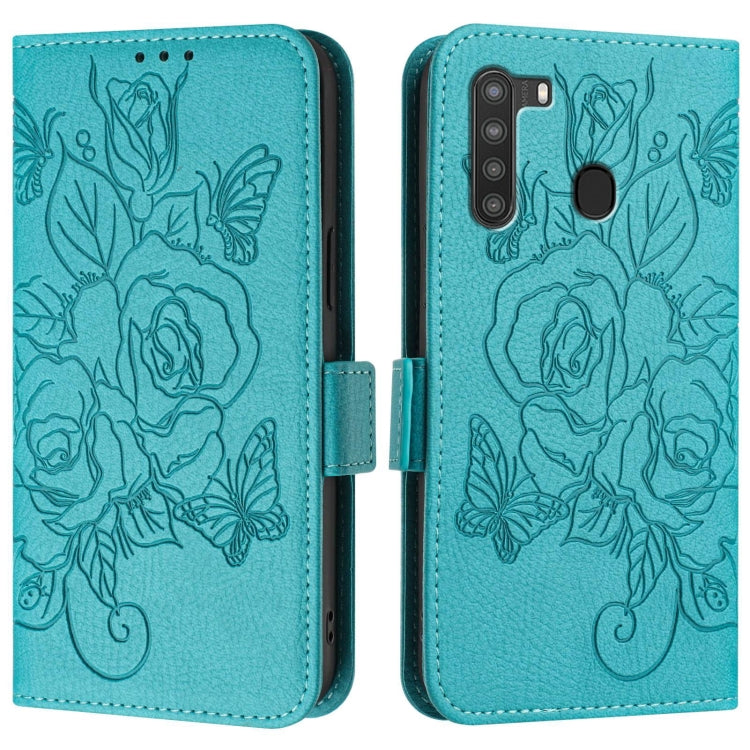 For Samsung Galaxy A21 EU Version Embossed Rose RFID Anti-theft Leather Phone Case