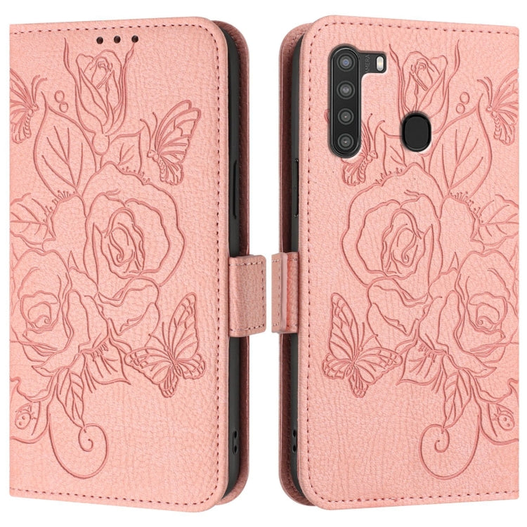 For Samsung Galaxy A21 EU Version Embossed Rose RFID Anti-theft Leather Phone Case