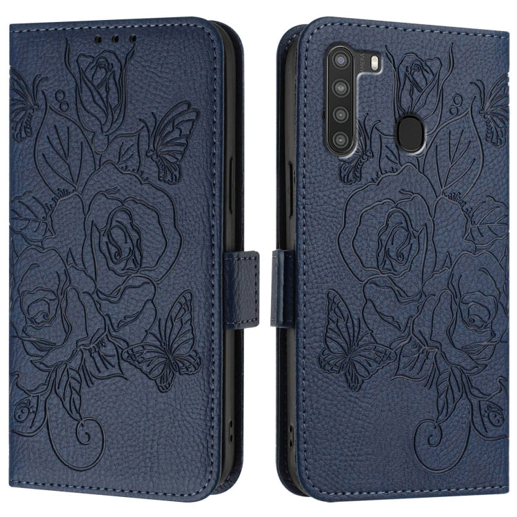 For Samsung Galaxy A21 EU Version Embossed Rose RFID Anti-theft Leather Phone Case