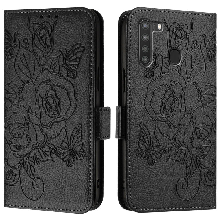 For Samsung Galaxy A21 EU Version Embossed Rose RFID Anti-theft Leather Phone Case