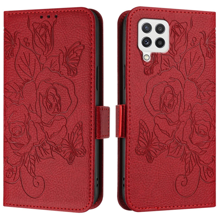 For Samsung Galaxy A22 4G Embossed Rose RFID Anti-theft Leather Phone Case