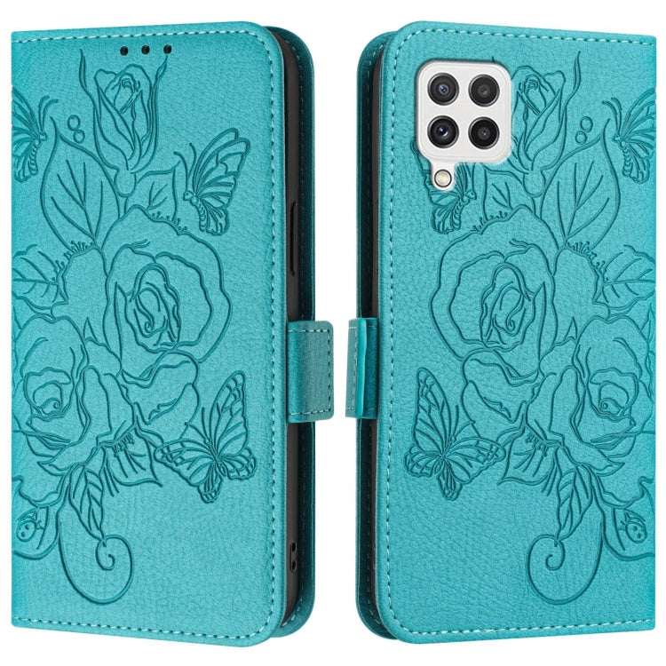 For Samsung Galaxy A22 4G Embossed Rose RFID Anti-theft Leather Phone Case