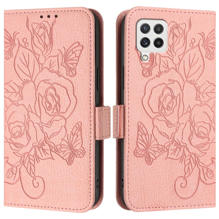 For Samsung Galaxy A22 4G Embossed Rose RFID Anti-theft Leather Phone Case