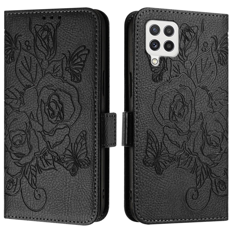For Samsung Galaxy A22 4G Embossed Rose RFID Anti-theft Leather Phone Case