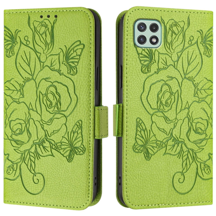 For Samsung Galaxy A22 5G / A22s 5G / F42 Embossed Rose RFID Anti-theft Leather Phone Case