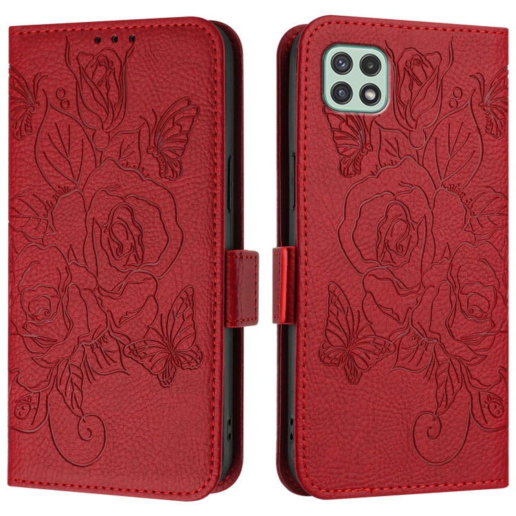 For Samsung Galaxy A22 5G / A22s 5G / F42 Embossed Rose RFID Anti-theft Leather Phone Case