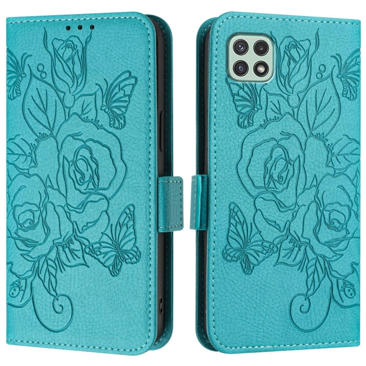 For Samsung Galaxy A22 5G / A22s 5G / F42 Embossed Rose RFID Anti-theft Leather Phone Case