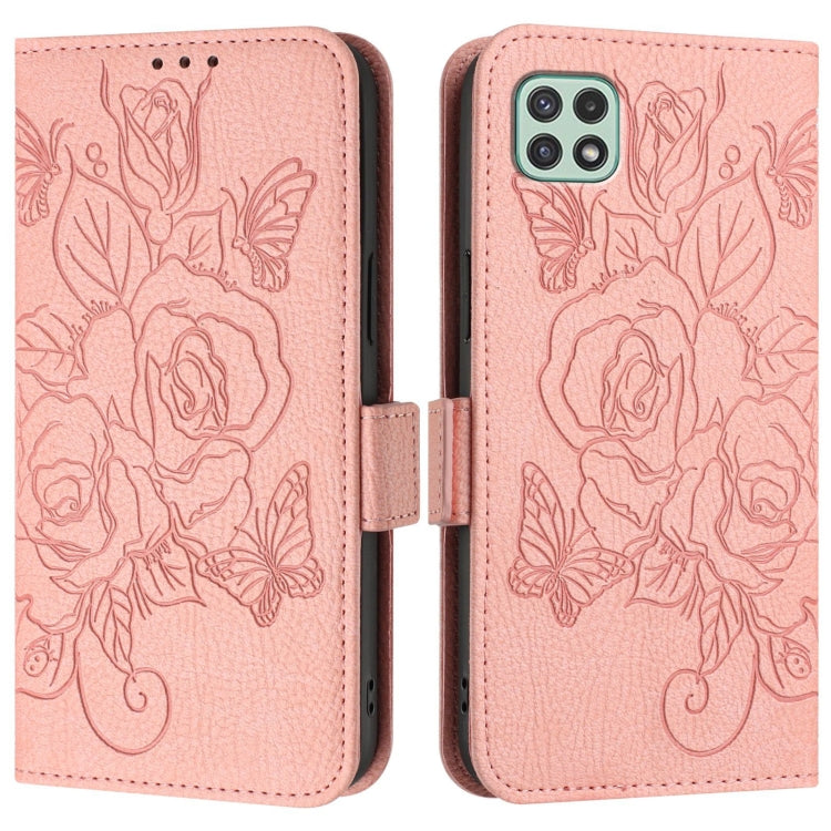 For Samsung Galaxy A22 5G / A22s 5G / F42 Embossed Rose RFID Anti-theft Leather Phone Case