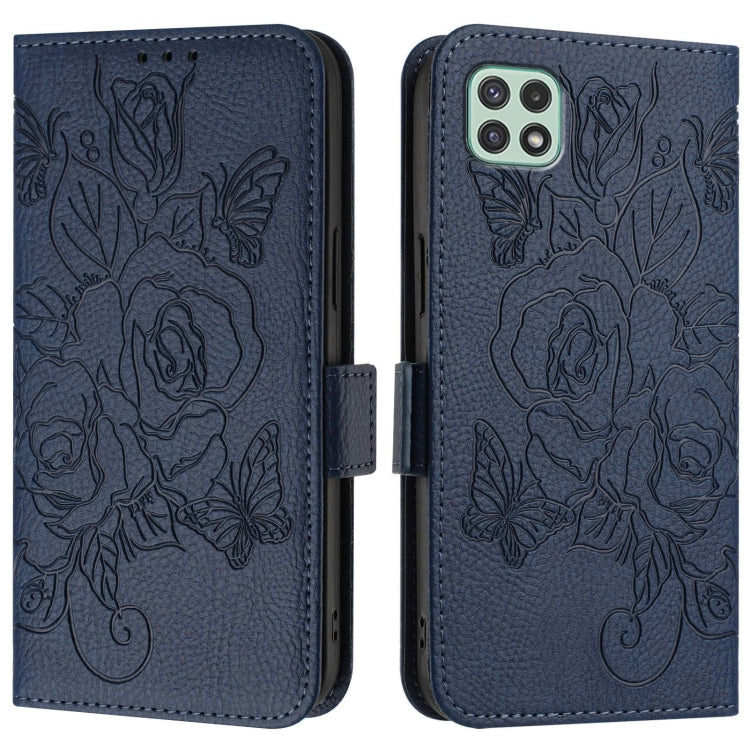 For Samsung Galaxy A22 5G / A22s 5G / F42 Embossed Rose RFID Anti-theft Leather Phone Case