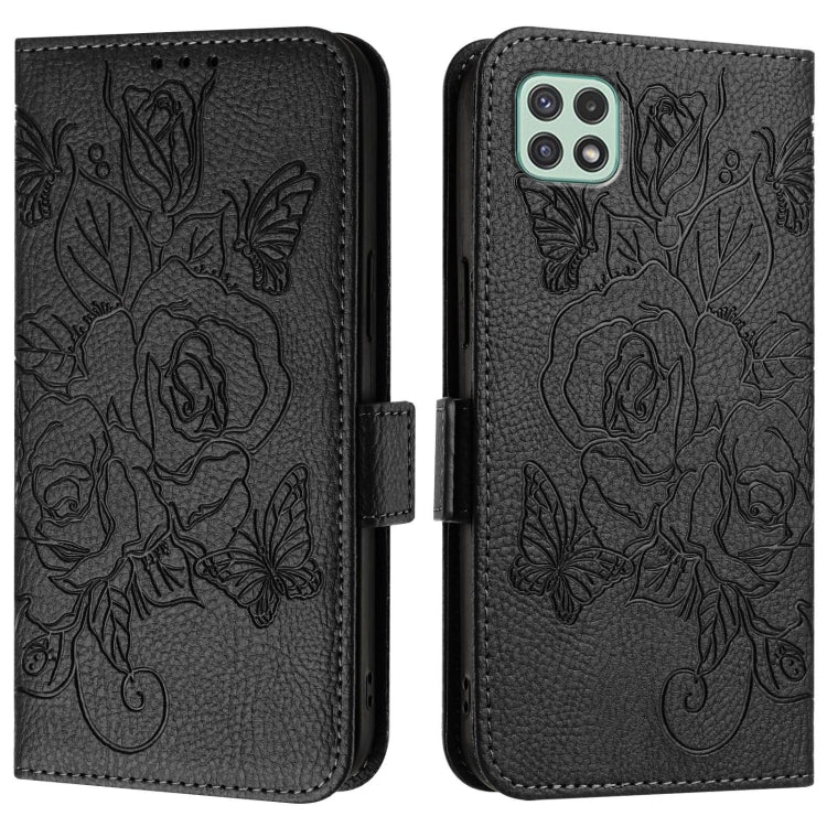 For Samsung Galaxy A22 5G / A22s 5G / F42 Embossed Rose RFID Anti-theft Leather Phone Case