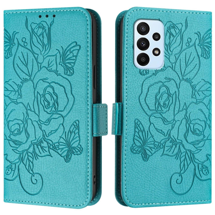 For Samsung Galaxy A23 / M23 / F23 / M13 Embossed Rose RFID Anti-theft Leather Phone Case