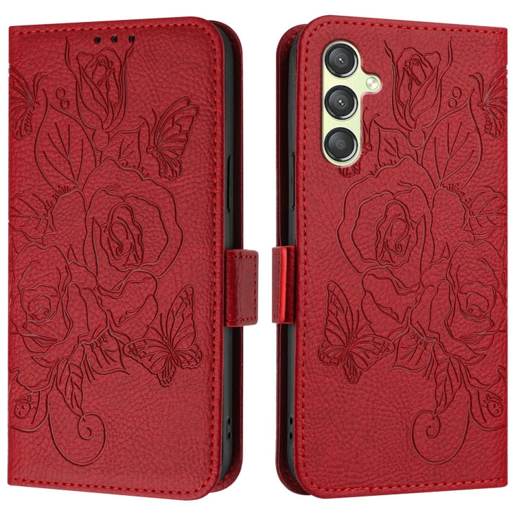 For Samsung Galaxy A24 4G Embossed Rose RFID Anti-theft Leather Phone Case
