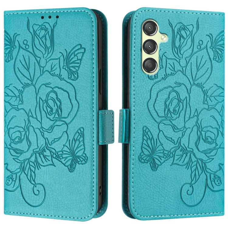 For Samsung Galaxy A24 4G Embossed Rose RFID Anti-theft Leather Phone Case