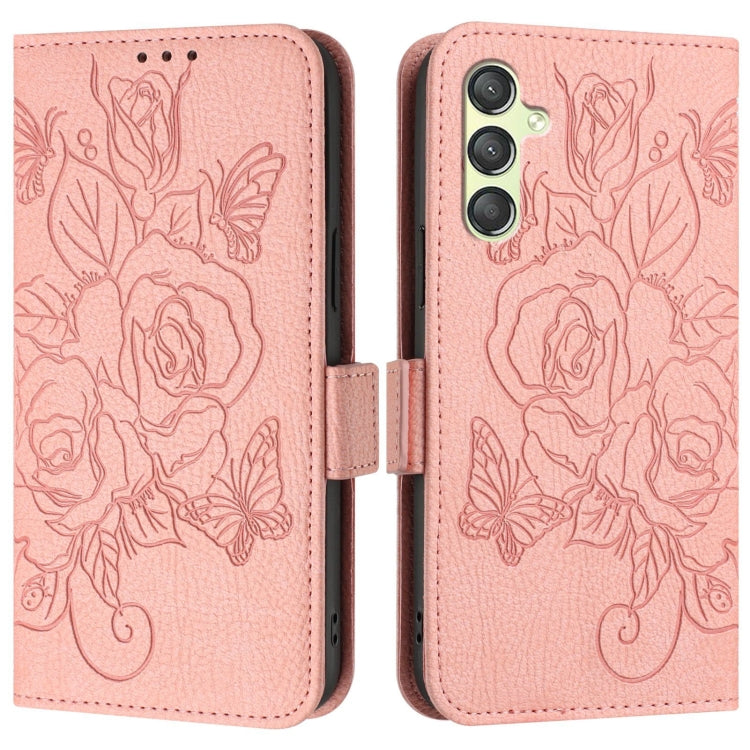 For Samsung Galaxy A24 4G Embossed Rose RFID Anti-theft Leather Phone Case