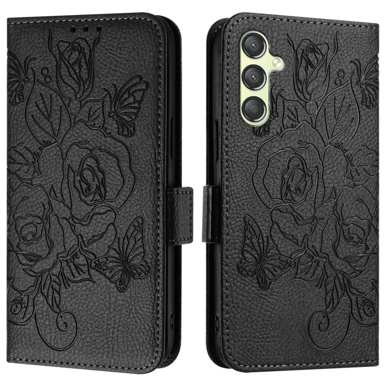 For Samsung Galaxy A24 4G Embossed Rose RFID Anti-theft Leather Phone Case