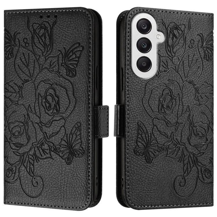 For Samsung Galaxy A25 5G Global Embossed Rose RFID Anti-theft Leather Phone Case