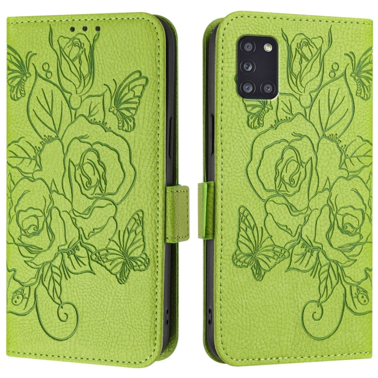 For Samsung Galaxy A31 Embossed Rose RFID Anti-theft Leather Phone Case
