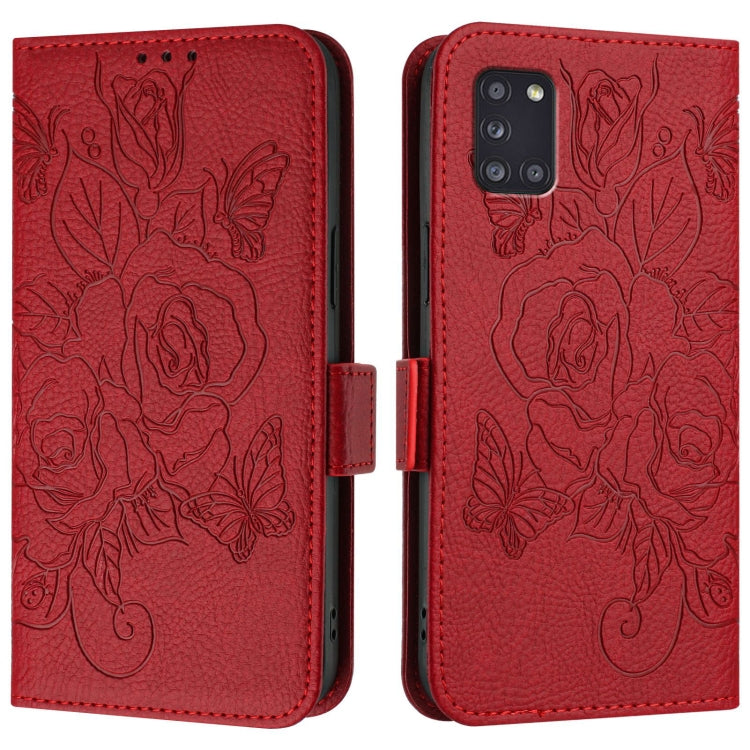 For Samsung Galaxy A31 Embossed Rose RFID Anti-theft Leather Phone Case