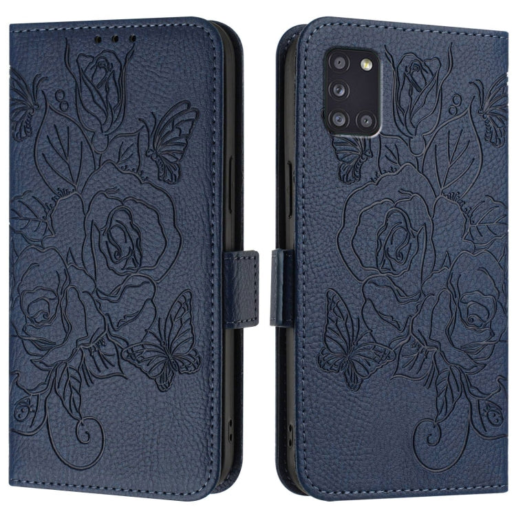 For Samsung Galaxy A31 Embossed Rose RFID Anti-theft Leather Phone Case