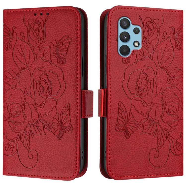 For Samsung Galaxy A32 4G Embossed Rose RFID Anti-theft Leather Phone Case