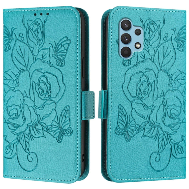 For Samsung Galaxy A32 4G Embossed Rose RFID Anti-theft Leather Phone Case