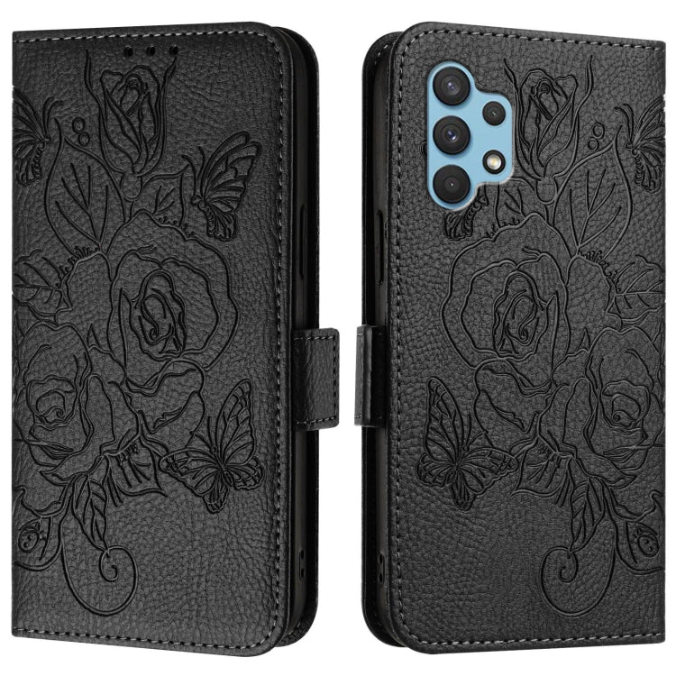For Samsung Galaxy A32 4G Embossed Rose RFID Anti-theft Leather Phone Case