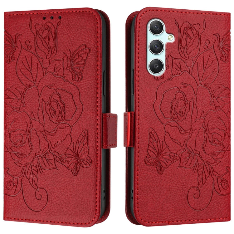 For Samsung Galaxy A34 5G Embossed Rose RFID Anti-theft Leather Phone Case