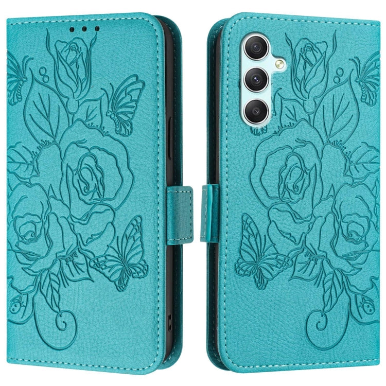 For Samsung Galaxy A34 5G Embossed Rose RFID Anti-theft Leather Phone Case