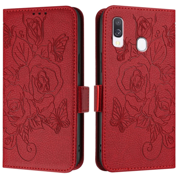 For Samsung Galaxy A40 Embossed Rose RFID Anti-theft Leather Phone Case