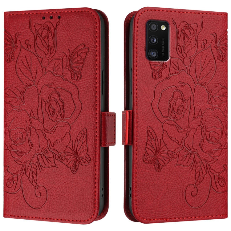 For Samsung Galaxy A41 Embossed Rose RFID Anti-theft Leather Phone Case